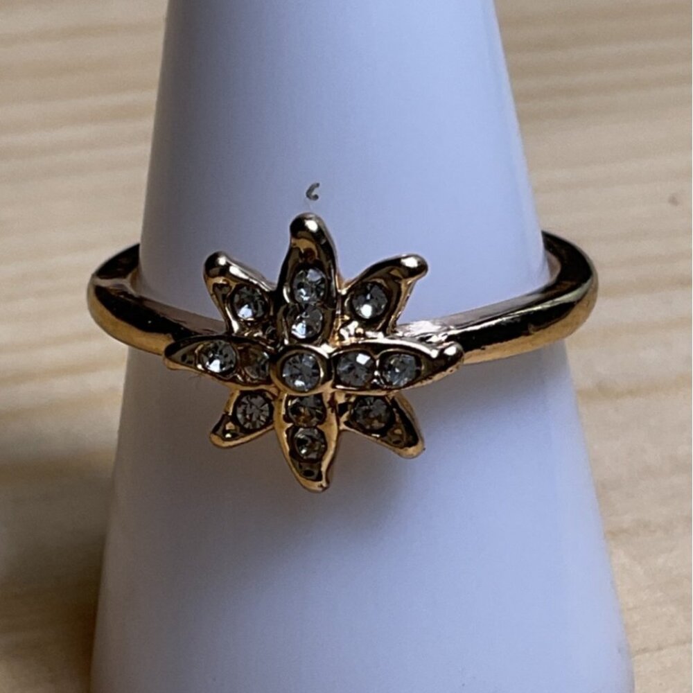 Gold-Tone Flower Ring With Rhinestone Accents